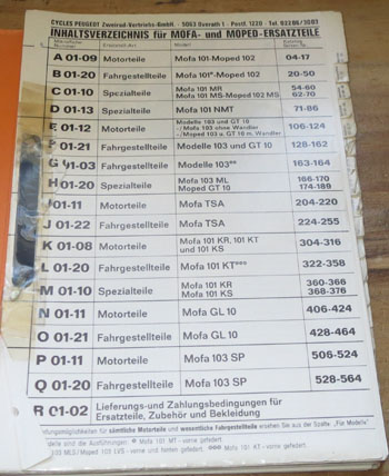 Ersatzteilliste, gebraucht, Peugeot 101,102,103, TSA, GL 10, GT 10