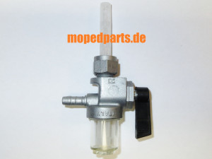 Benzinhahn M12, Metall mit Schauglas und Filter, Abgang hinten, Hercules, Zündapp, 12 mm