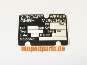 Typenschild Motor, Zündapp 40x30 mm, 70er Jahre