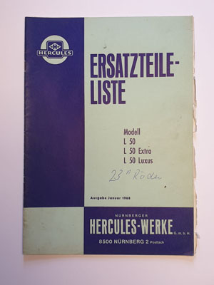 Ersatzteilliste, gebraucht, Hercules Modell L 50, L 50 Extra, L 50 Luxus 