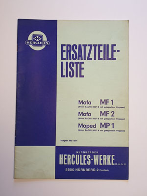 Ersatzteilliste, gebraucht, Hercules Mofa MF1, Mofa MF2, Moped MP1