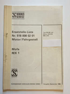 Ersatzteilliste, gebraucht, Hercules Mofa MX1 