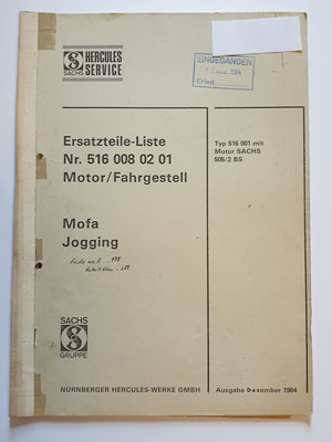 Ersatzteilliste, gebraucht, Hercules Mofa Jogging