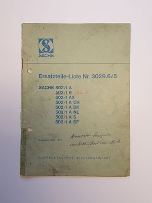 Ersatzteilliste, gebraucht, Sachs 502/1 A, B, AX, A CH, A DK, A NL, A S, A SF