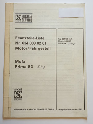 Ersatzteilliste, gebraucht, Hercules Mofa Prima SX