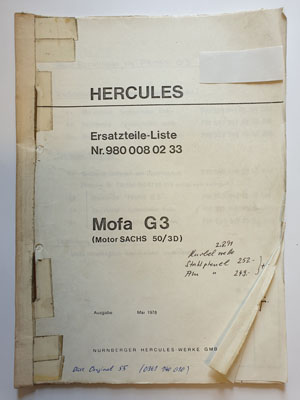 Ersatzteilliste, gebraucht, Hercules Mofa G3