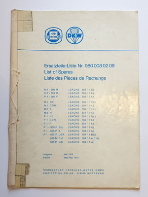 Ersatzteilliste, gebraucht, Hercules M1-506 M, M2-504 M, P1-505 P, M1 DK, M1 CDN, M2 S, M2 N, P1 NL, P1 CDN, P1 F, P1- 505 P Exp., P1-505 P J, P1-505 P USA, 506 M CH, 505 P GB