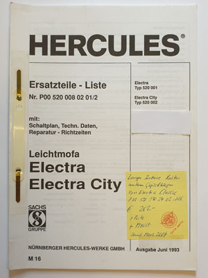 Ersatzteilliste, gebraucht, Hercules Leichtmofa Electra, Electra City