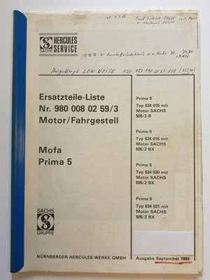 Ersatzteilliste, gebraucht, Hercules Mofa Prima 5