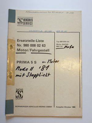 Ersatzteilliste, gebraucht, Hercules PRIMA 5 S