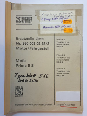 Ersatzteilliste, gebraucht, Hercules Mofa Prima 5 S