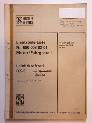 Ersatzteilliste, gebraucht, Hercules Leichtkraftrad RX-9