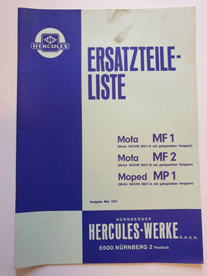 Ersatzteilliste, gebraucht, Hercules Mofa MF1, Mofa MF2, Moped MP1