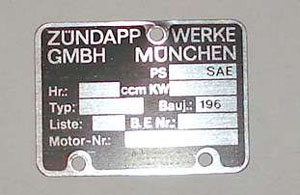 Typenschild Motor, Zündapp 40x30 mm, 60er Jahre