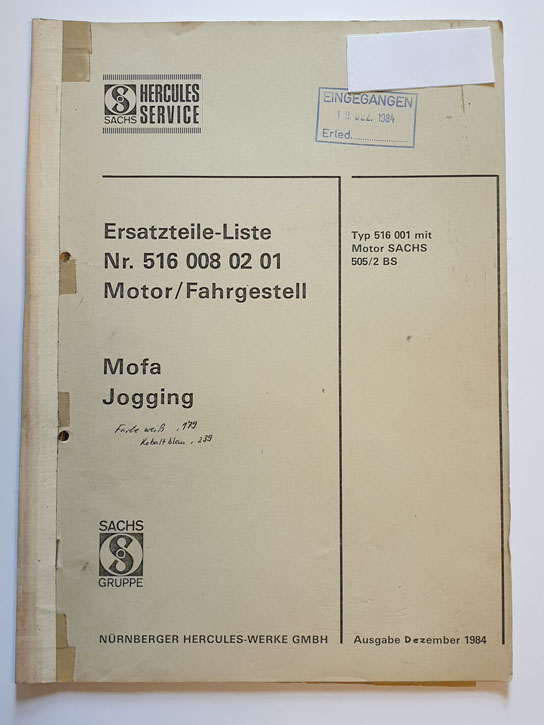 Ersatzteilliste, gebraucht, Hercules Mofa Jogging