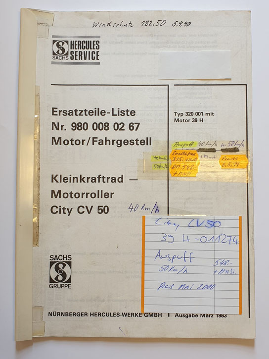 Ersatzteilliste, gebraucht, Hercules Kleinkraftrad-Motorroller City CV 50