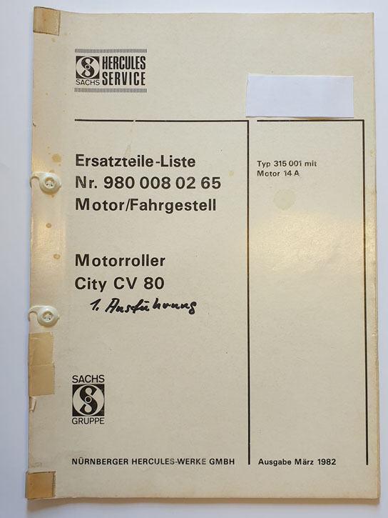 Ersatzteilliste, gebraucht, Hercules Motorroller City CV 80
