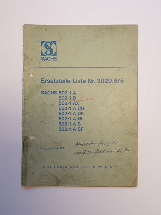 Ersatzteilliste, gebraucht, Sachs 502/1 A, B, AX, A CH, A DK, A NL, A S, A SF