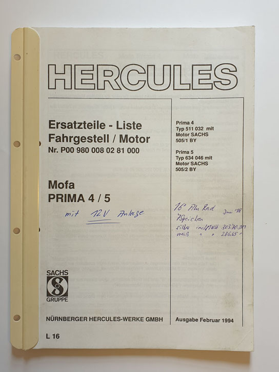 Ersatzteilliste, gebraucht, Hercules Mofa PRIMA 4/5