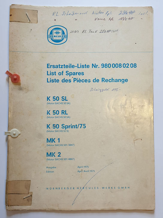 Ersatzteilliste, gebraucht, Hercules K 50 SL, K 50 RL, K 50 Sprint/75, MK 1, MK 2