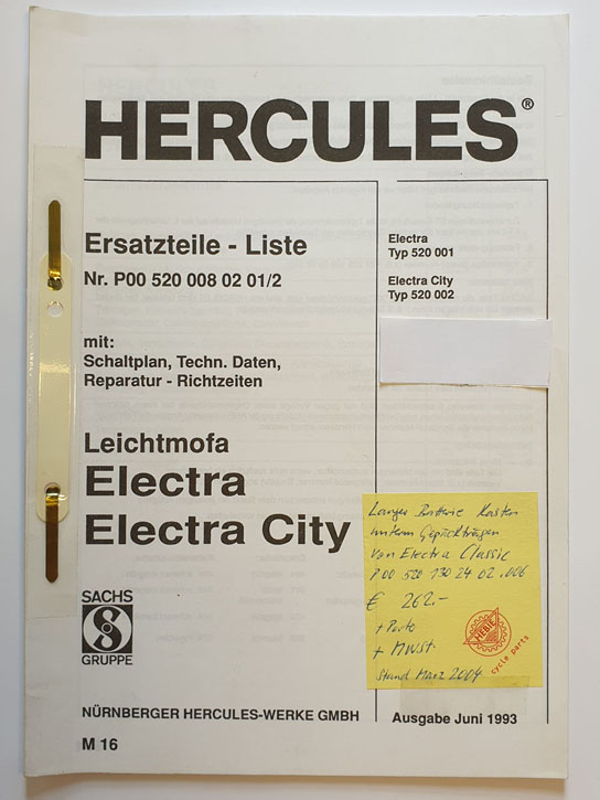 Ersatzteilliste, gebraucht, Hercules Leichtmofa Electra, Electra City