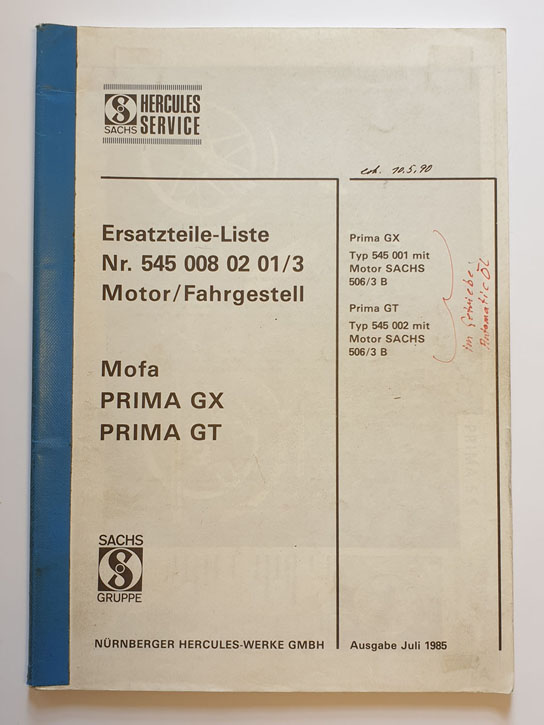 Ersatzteilliste, gebraucht, Hercules Mofa PRIMA GX, PRIMA GT