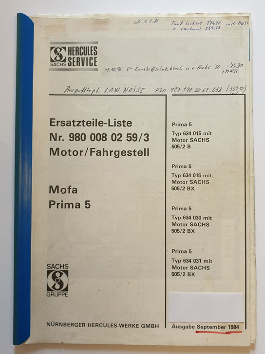 Ersatzteilliste, gebraucht, Hercules Mofa Prima 5