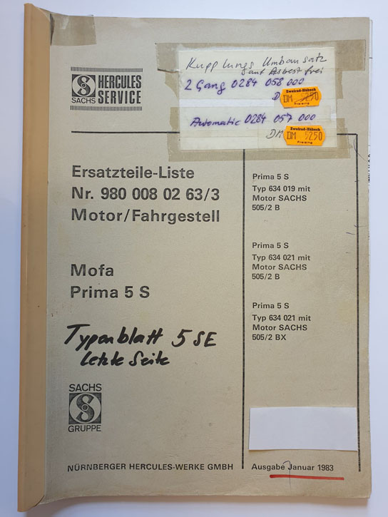 Ersatzteilliste, gebraucht, Hercules Mofa Prima 5 S