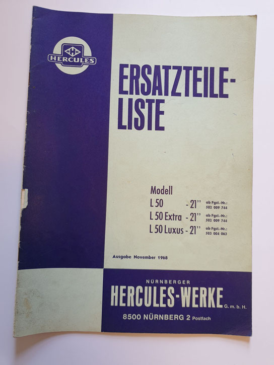 Ersatzteilliste, gebraucht, Hercules Modell L50-21, L50 Extra-21, L50 Luxus-21