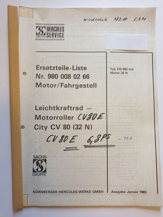 Ersatzteilliste, gebraucht, Hercules Leichtkraftrad-Motorroller City CV 80 (32 N) 