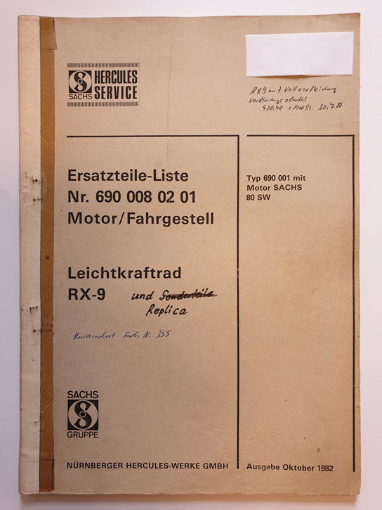 Ersatzteilliste, gebraucht, Hercules Leichtkraftrad RX-9