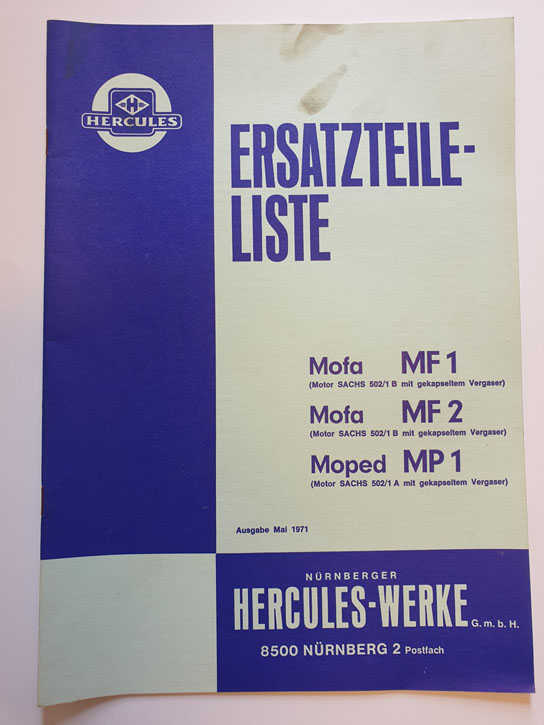 Ersatzteilliste, gebraucht, Hercules Mofa MF1, Mofa MF2, Moped MP1