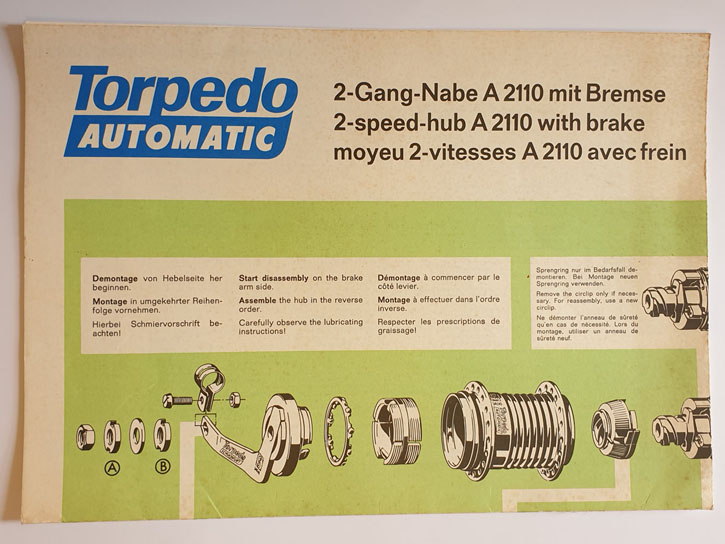 Reparaturanweisung, gebraucht, Torpedo Automatic 2-Gang-Nabe A 2110 mit Bremse